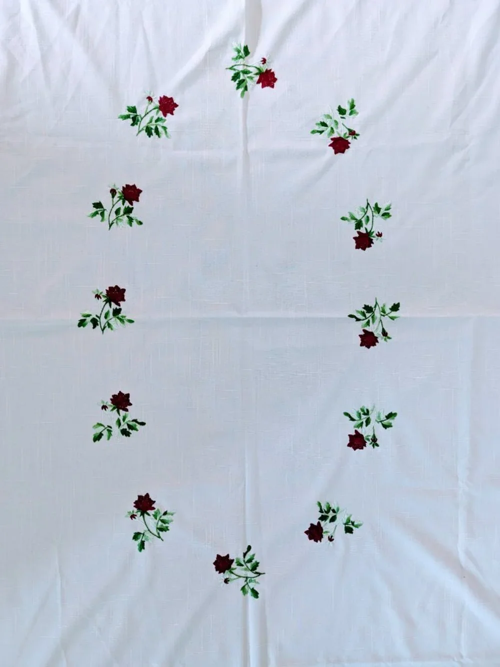 VTG Rose Cross Stitch Linen Tablecloth 84x55 Cream Fringe Cottagecore 80s